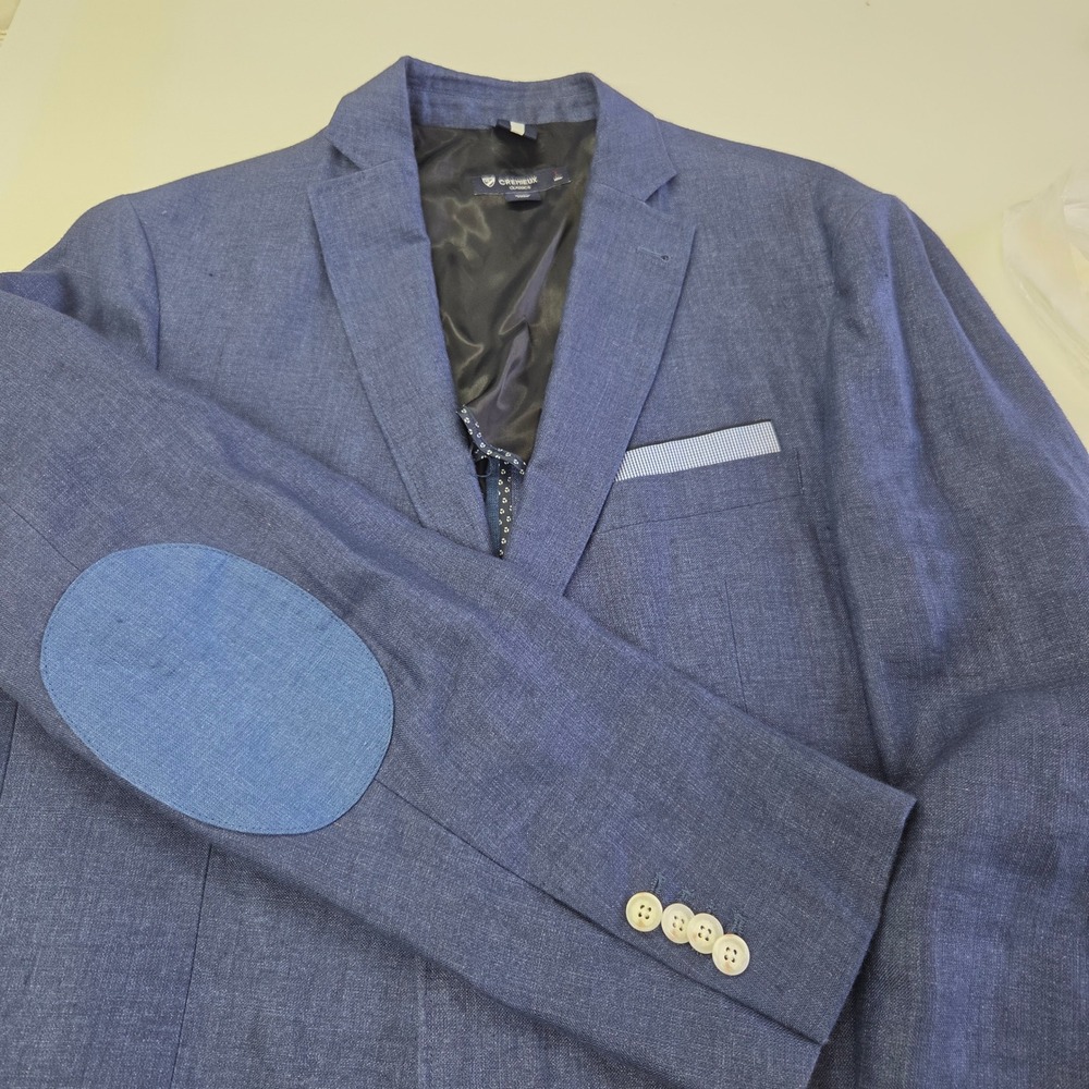 Cremieux Classics Blazer Mens Large Blue Linen Elbow‎ Patches Sport Coat Preppy